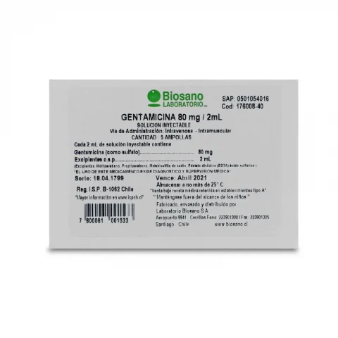 Gentamicina 80 mg/2 mL solución inyectable X 5 ampollas Biosano